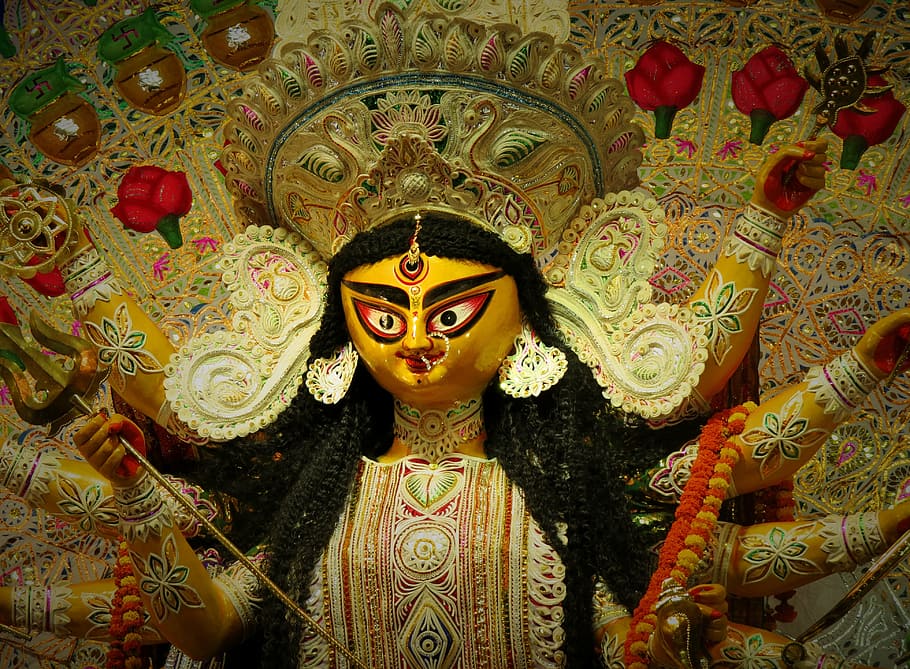 lukisan dewa hindu, festival, dewi, ibadah, agama, idola, hindu, kolkata, bengal, di dalam ruangan