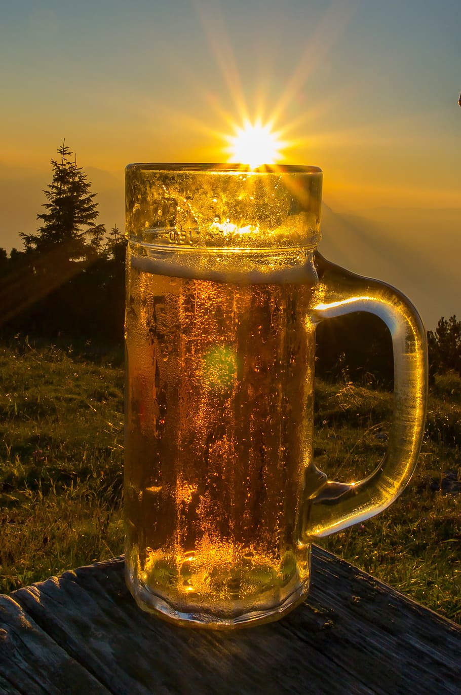 clear, glass beer mug, side, table, golden, hour, beer, sunshine, mountains, mountain hut