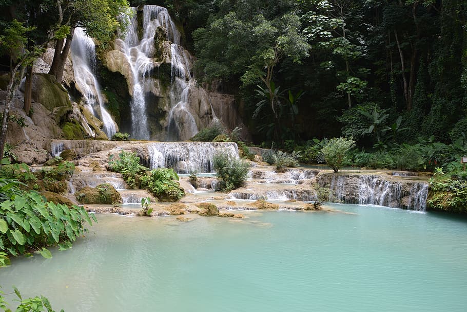 laos, kuang sy, cascade, water, waterfall, scenics - nature, beauty in nature, tree, rock, motion