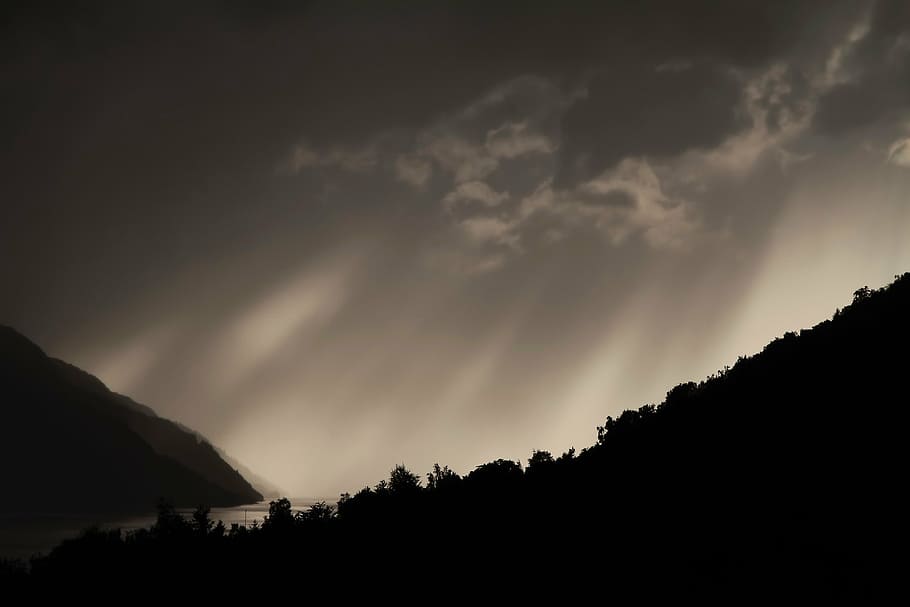 silhouette, trees unde, gray, sky, mountain, ray, trees, clouds, dark, dramatic sky