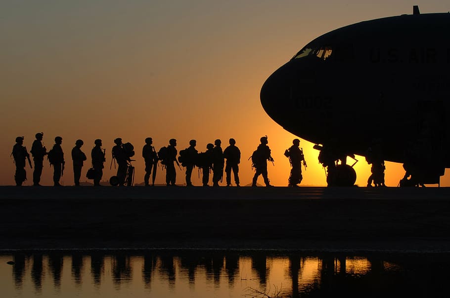 silhouette, people, falling, line, front, plane, us army, soldiers, army, men