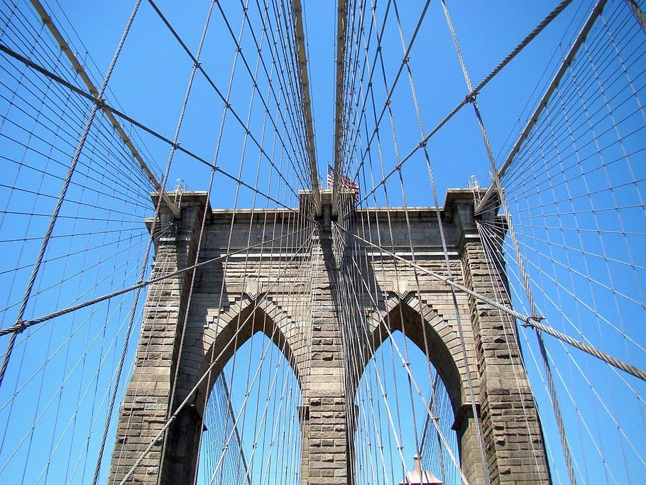 橋, ブルックリン, 新しい, ニューヨーク, 都市, 塔, 建築, 構築された構造, 橋-人工構造, 低角度のビュー