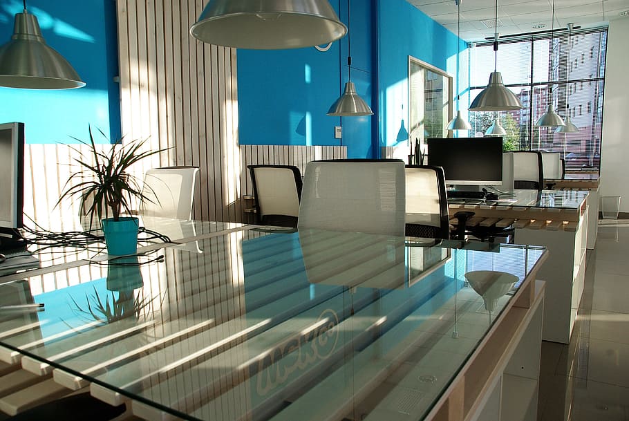 clear, glass, top, dining table, white, chairs, office space, office, sunny, coworking