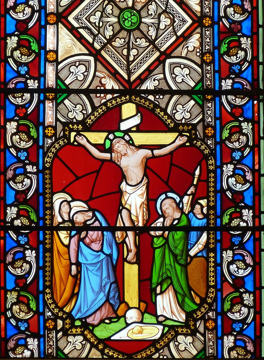 floral stained glass, church, cross, crucifixion, passion, good friday, die, redemption, jesus, window