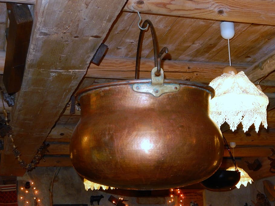 cauldron, copper, former, farm, hanging, lighting equipment, indoors, low angle view, ceiling, illuminated