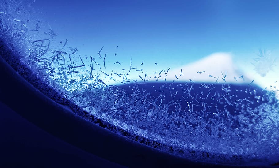 selective, focus photography, frosted, aircraft window, flake, gel, window, blue, aircraft, sky