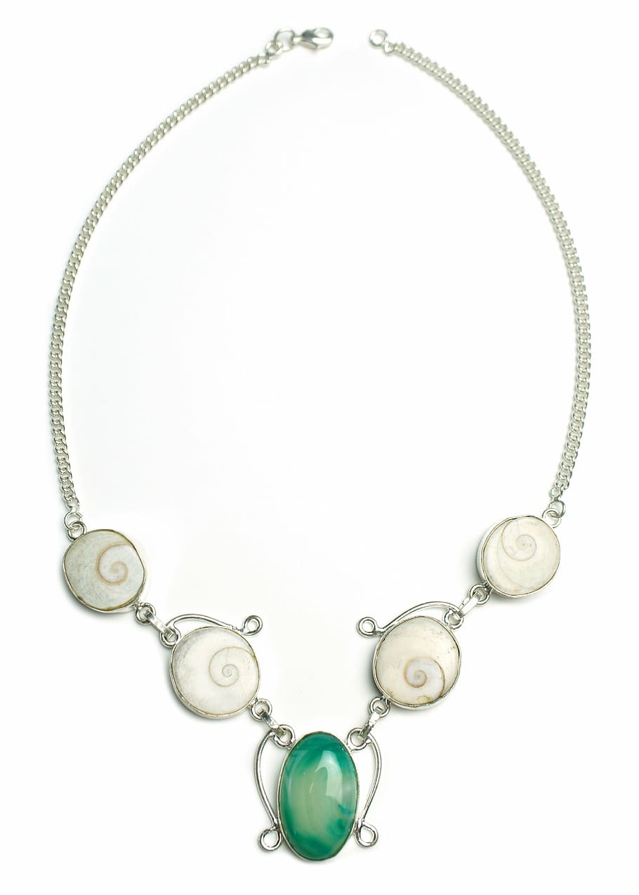 silver-colored, green, cabochon stone, encrusted, pendant necklace, agate, shiva shell, fluorite, necklace, stone