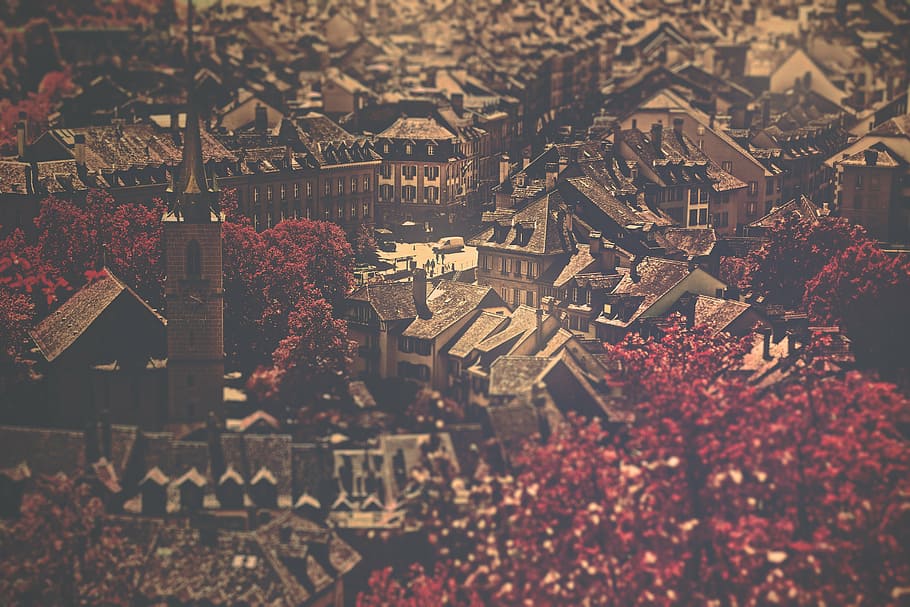 top, view, village, surround, red, trees, building, near, city, buildings