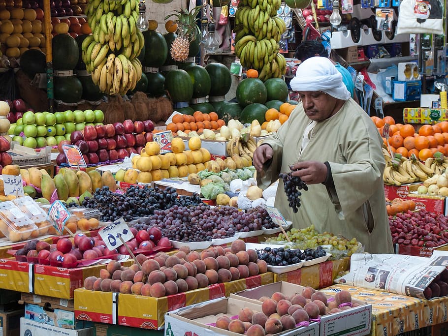variedad, mercado de frutas, El Cairo, Frutas, Plantas, Turbante, plantas de frutas, Egipto, mercado, puesto en el mercado