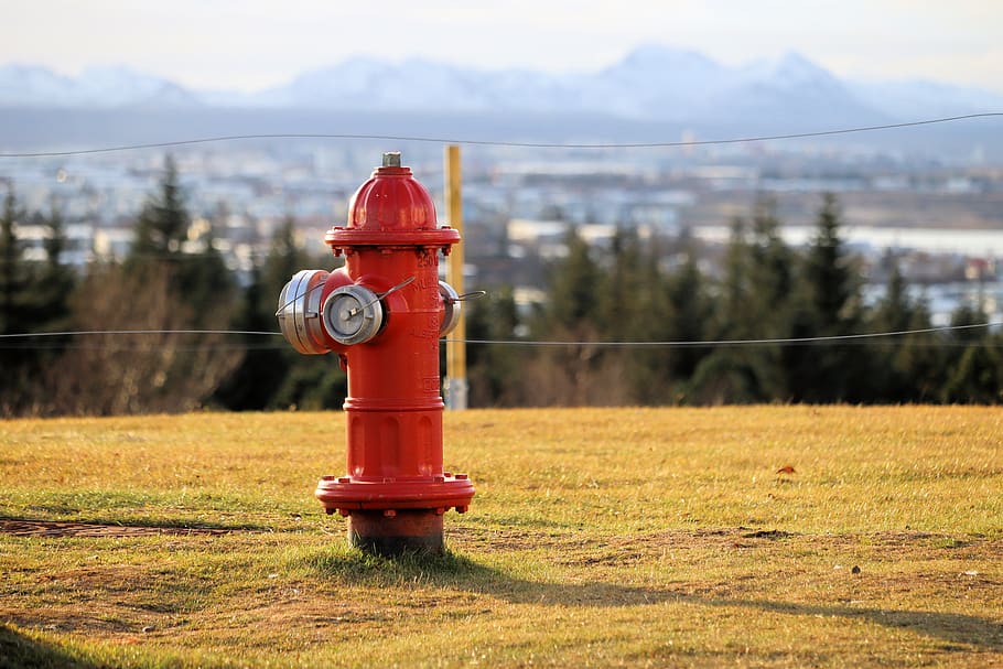 hydrant, red, fire, background, mountains, snow, safety, security, protection, fire hydrant