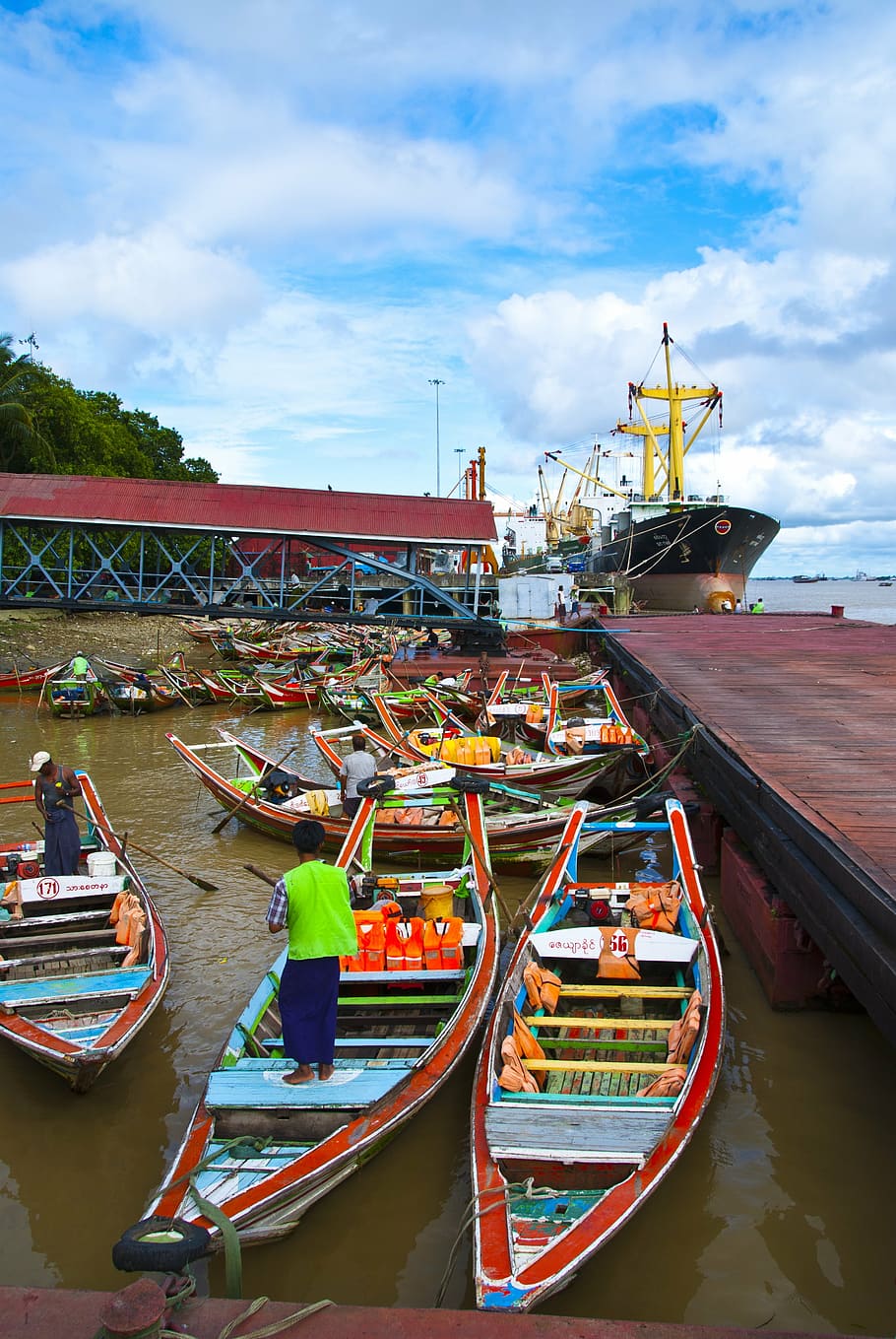 viagem, myanmar, burma, ásia, canoas, navio náutico, transporte, porto, canal, embarcação náutica