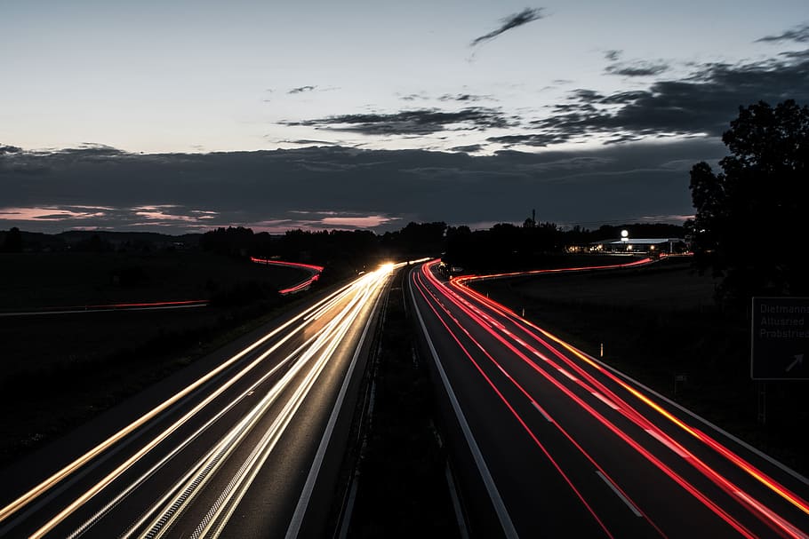 time lapse photography, road, autobahn, traffic, lights, light traces, sky, long exposure, cars, red