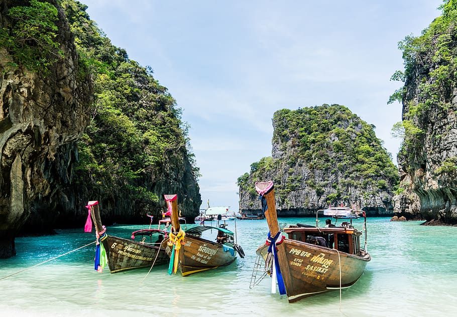 three, brown, motor boats, shorelines, thailand, phuket, koh phi phi, island tour, colorful boats, beach