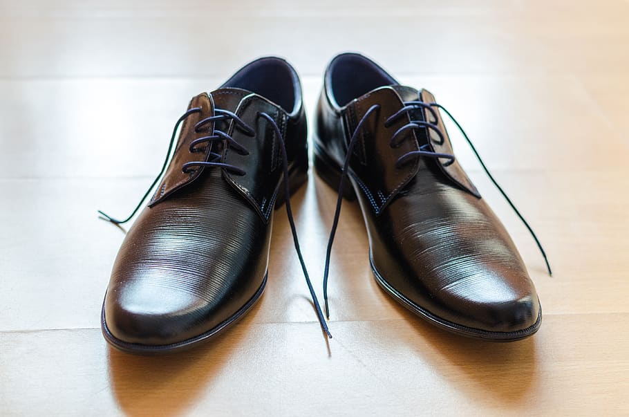 shoes, shoelace, floor, black, leather, wood, shiny, tie, shoe, pair