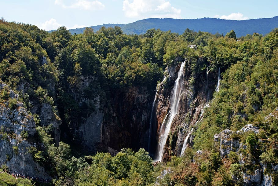 waterfalls, surrounding, trees, white, sky, plivicer lakes, lake, croatia, national park, nature