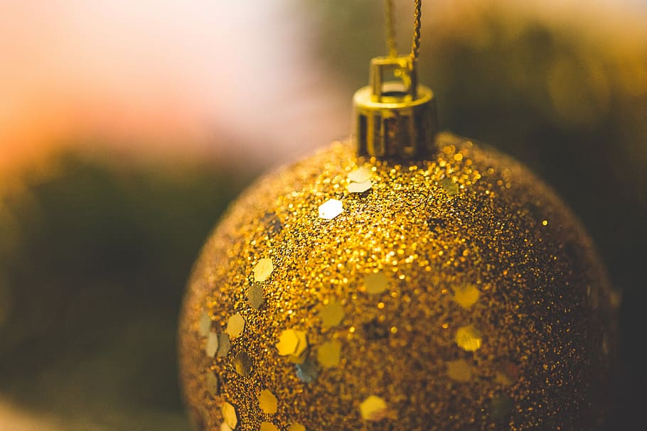 glitter christmas decoration, close, Glitter, Christmas Decoration, Close Up, christmas, christmas time, christmas tree, decorations, gold