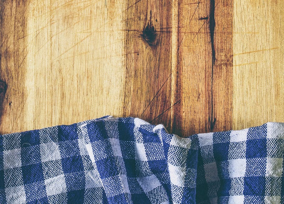 blue, white, gingham textile, brown, wooden, surface, Tablecloth, Kitchen, Towel, Picnic, kitchen