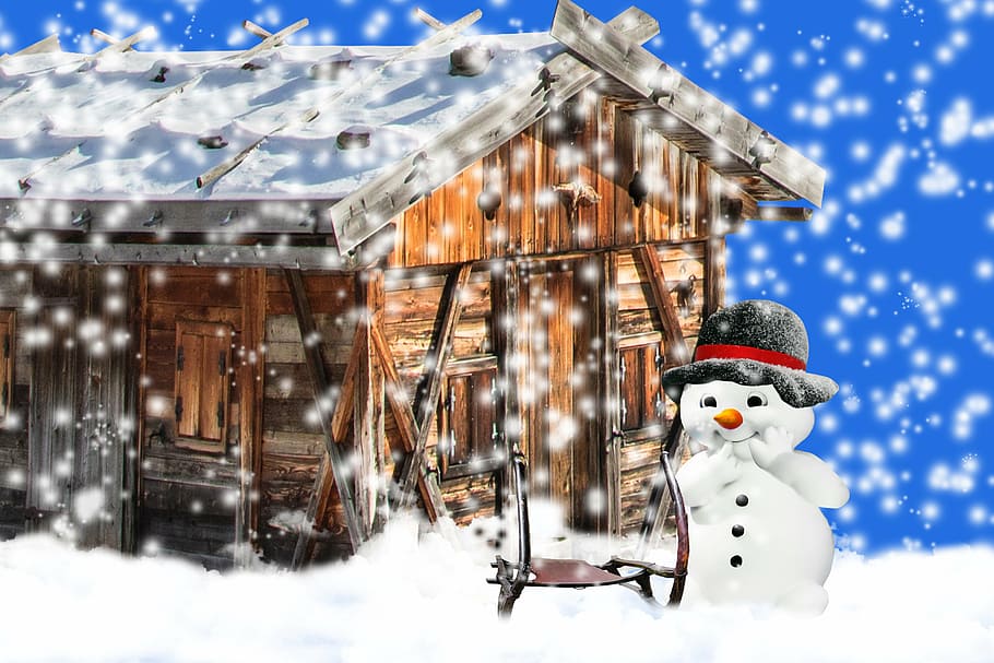 coklat, kayu, rumah, ilustrasi manusia salju, musim dingin, salju, manusia salju, slide, salju turun, topi