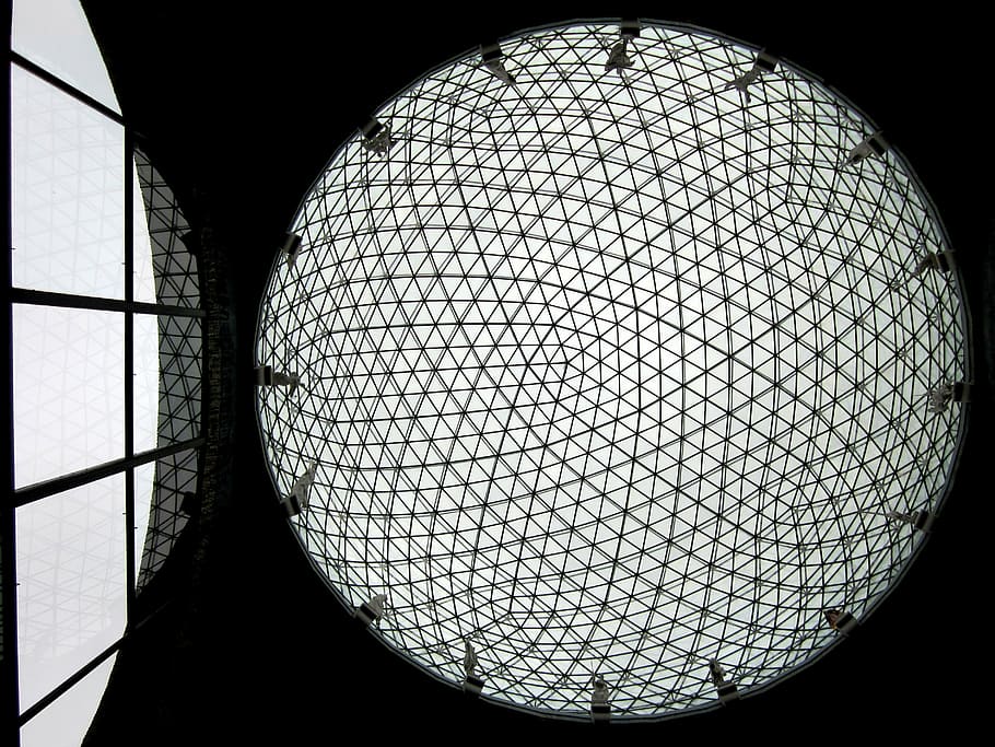 low-angle grayscale photography, glass ceiing, dome, dali museum, figueres, spain, mueum, dali, building, indoors