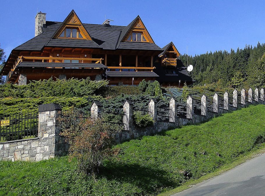 house, architecture, style, zakopane style, guest, superstructure, autumn, sunny day, hill, fencing