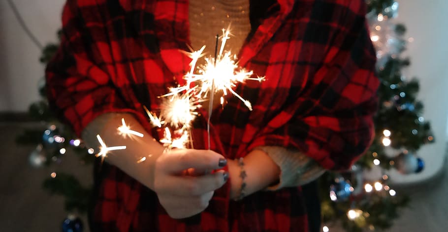 sparkling, light, fire, hand, blur, people, girl, christmas, tree, lights