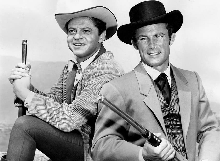 grayscale photo, two, man, holding, rifle, ross martin, robert conrad, actors, classic, wild wild west