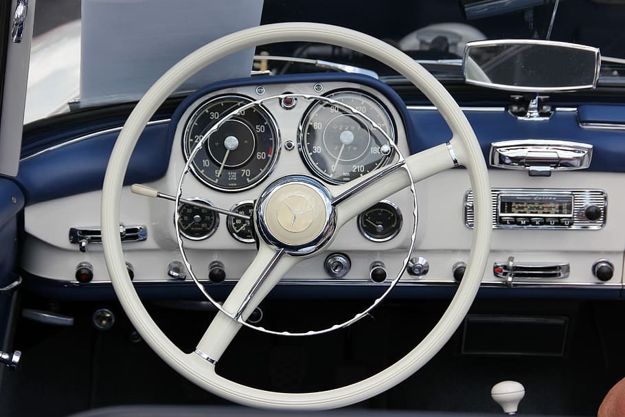 auto, dashboard, drive, transport system, steering wheel, oldtimer, classic, cockpit, convertible, speedometer