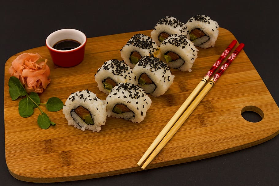 white, sushi roll, brown, wooden, chopping, board, food, rice, soy, chopsticks