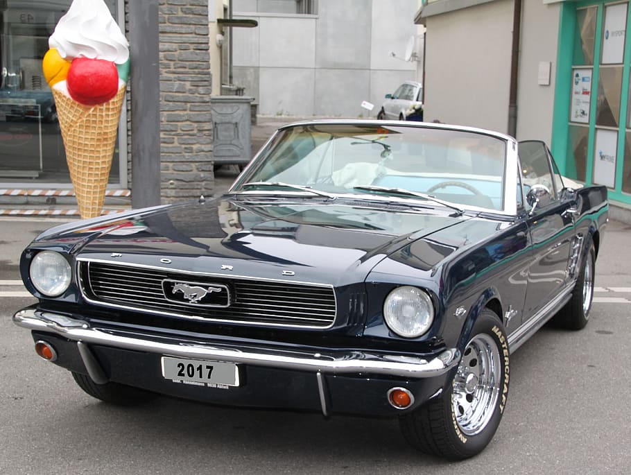 classic, black, ford mustang, convertible, coupe, parked, ice cream standee, ford, mustang, american