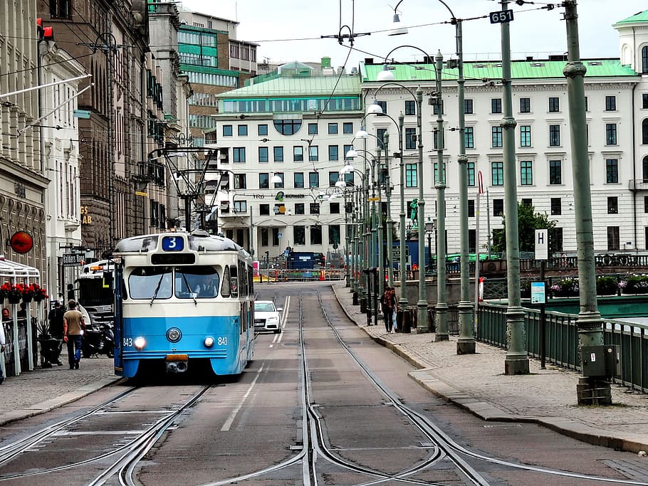 Gothenburg, Tram, göteborgtram, gothenburg, tram, blue tram, sweden, rails, transportation, city, building exterior