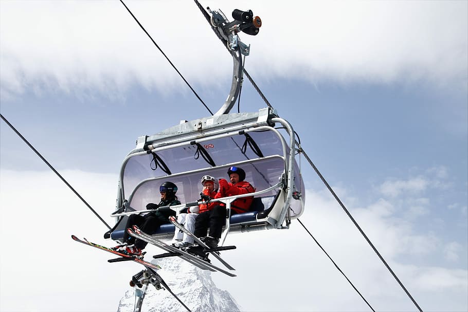 three, people, riding, cable, daytime, ski, zermatt, skiers, sky, sport