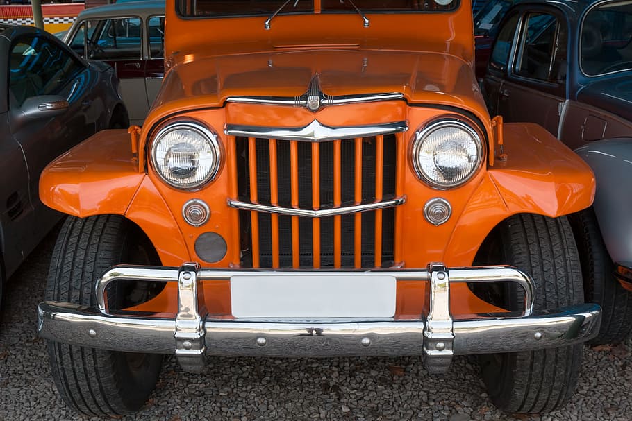 orange, jeep wrangler, parked, vehicles, motor car, grille, willys jeep, station wagon, 4x4, four by four