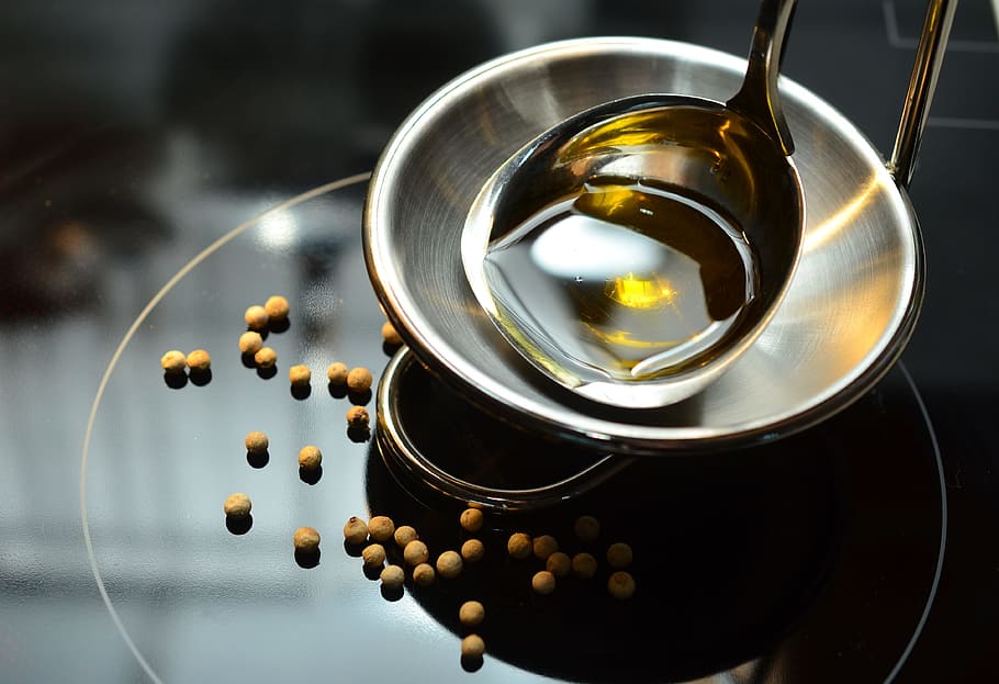 stainless, steel scoop, bowl, oil, olive oil, kitchen, cook, ingredient, gourmet, enjoy