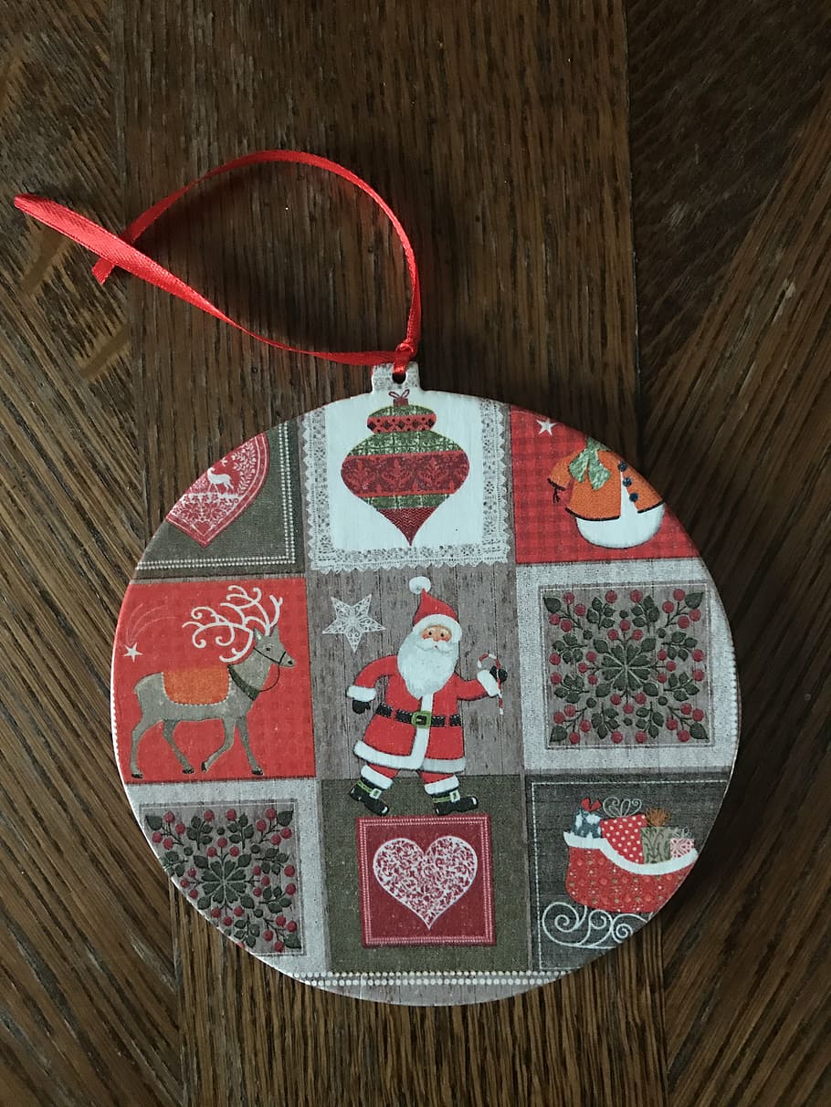 christmas pendant, for a gift, decoupage, red, wood - material, decoration, indoors, table, hanging, still life