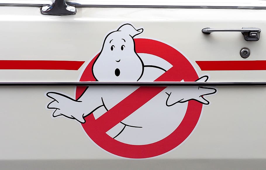 ghostbusters, logo, ecto-1, cadillac, vehicle, transport, ambulance, hearse, end loader, door
