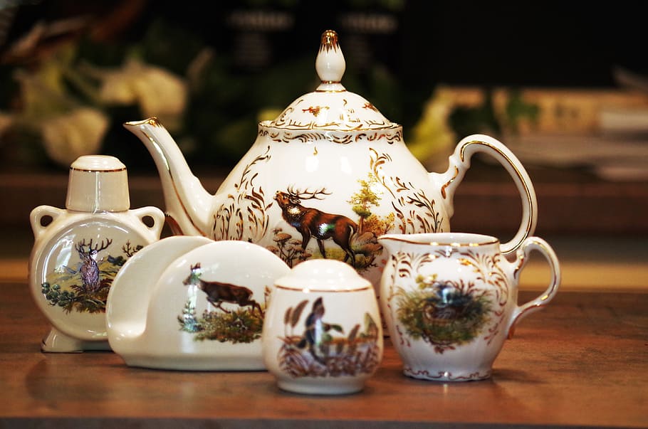 porcelana, xícara, enfeite, desenho à mão, bule de chá, bule, mesa, natureza morta, close-up, chá