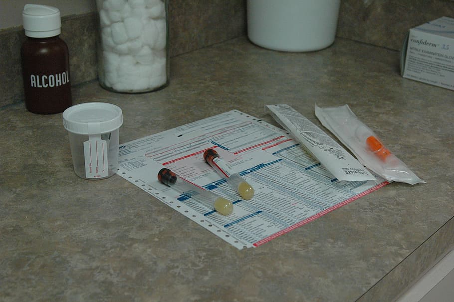 blood test, urine test, medical, paperwork, high angle view, container, bottle, indoors, table, paper
