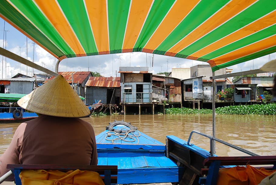 man, riding, blue, boat, daytime, vietnam, boat trip, river, mekong delta, one person