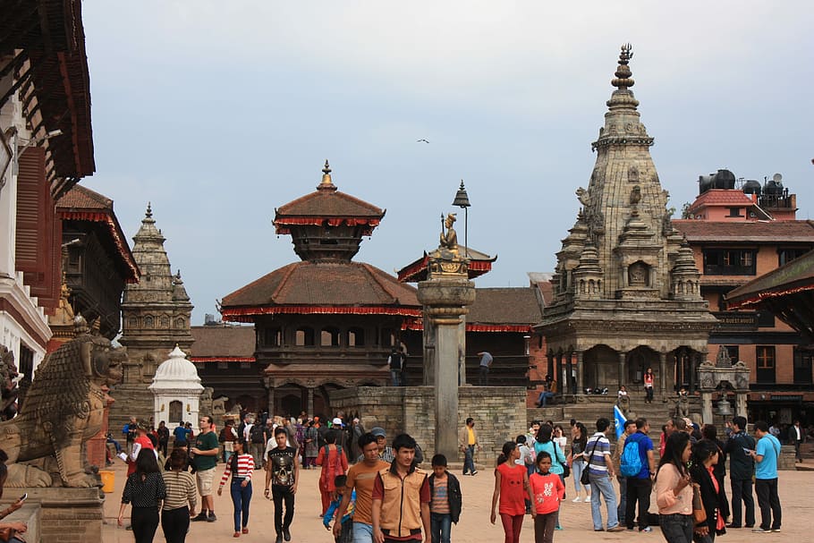 group, people, walking, temples, Nepal, Bhaktapur, Unesco, World Heritage, historically, architecture