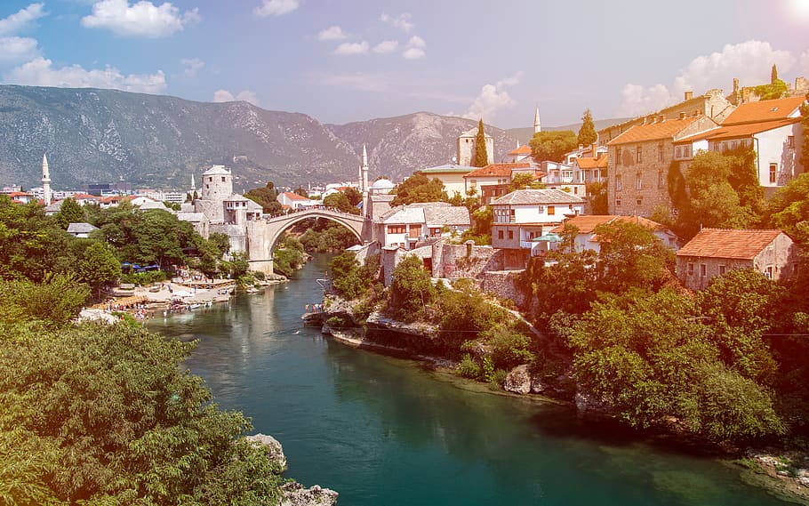 mostar, bosnia, bosnia and herzegovina, bridge, river, islam, old, europe, tourism, unesco