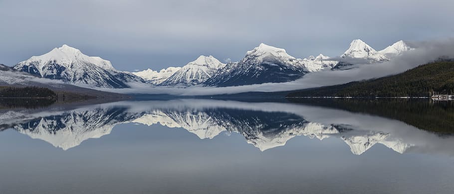 snow covered mountain, lake mcdonald, landscape, reflection, water, mountains, glacier national park, montana, usa, alpine