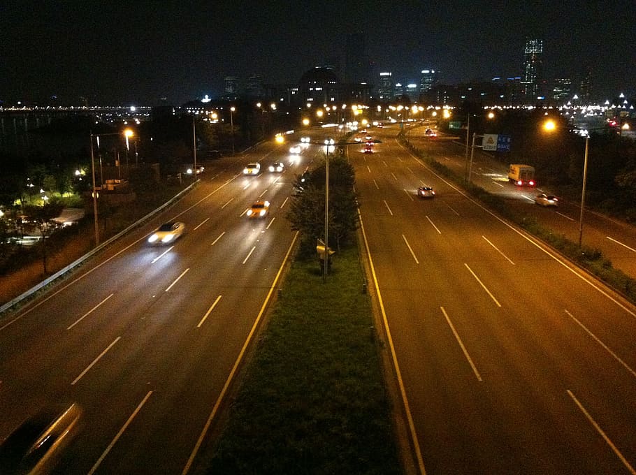 vista nocturna, ciudad, carretera, coche, sprint, bulevar olímpico, iluminado, transporte, noche, la carretera