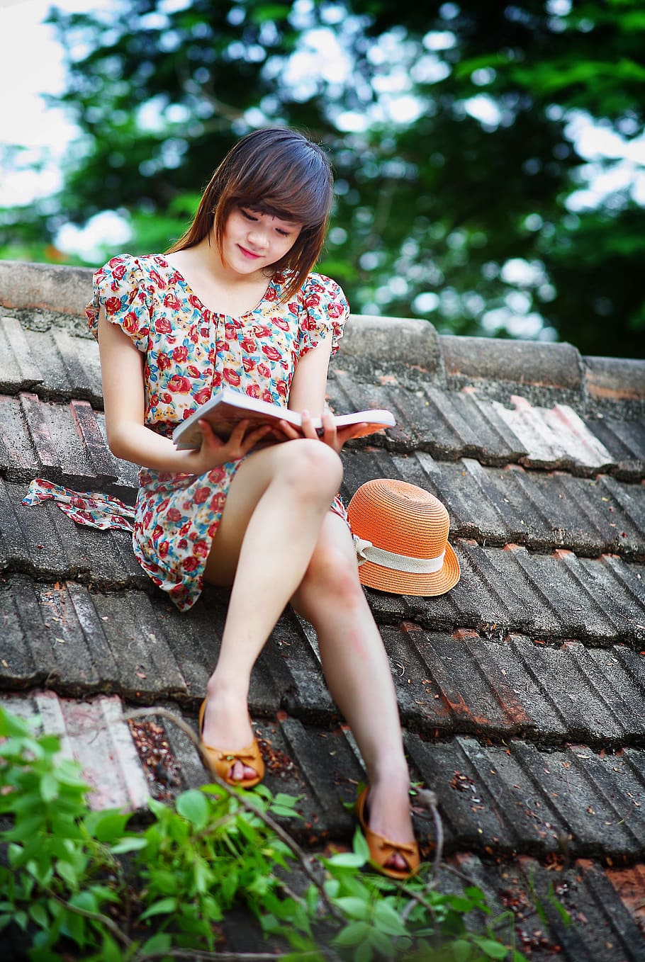 woman, wears, pink, multicolored, floral, cap-sleeved dress, top, roof, girl, reading