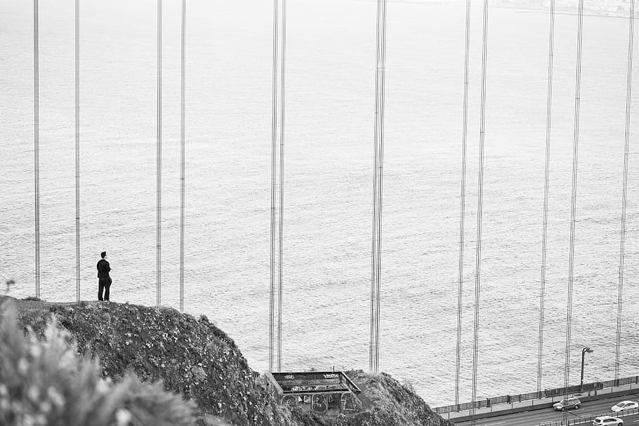 cliff, golden, gate bridge, Man, Stands, Edge, Golden Gate Bridge, alone, bridge, bw