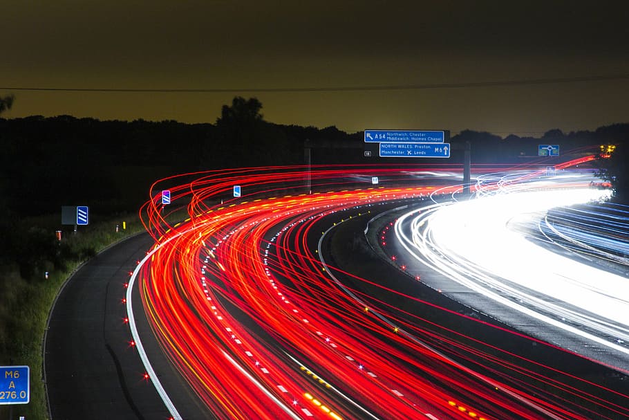 timelapse photography, road, traffic, highway, lights, night, long exposure, light, motion, cars