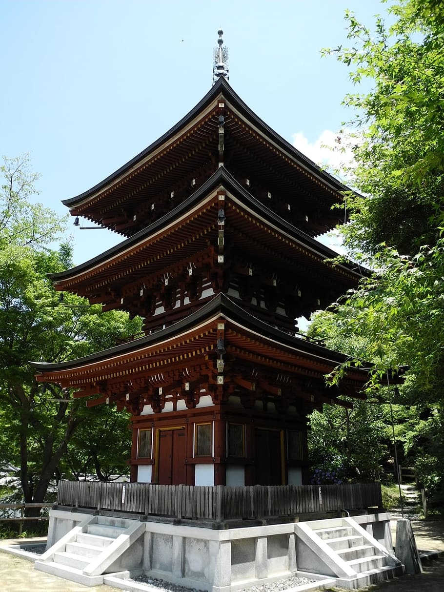 Story, Pagoda, Okadera, Wood, Japón, pagoda de tres pisos, arquitectura, edificio, punto de referencia, ciudad