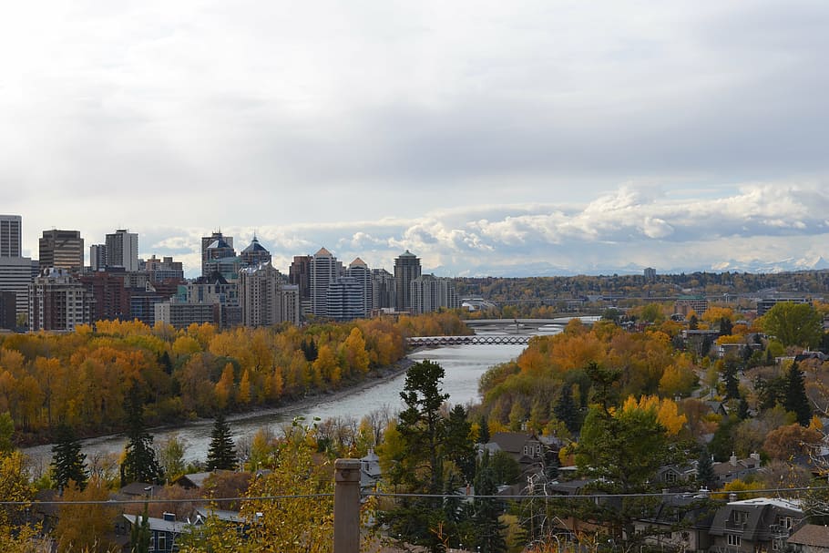 calgary, rockies, canada, river, autumn, city, landscape, clouds, mountains, sky scrapers
