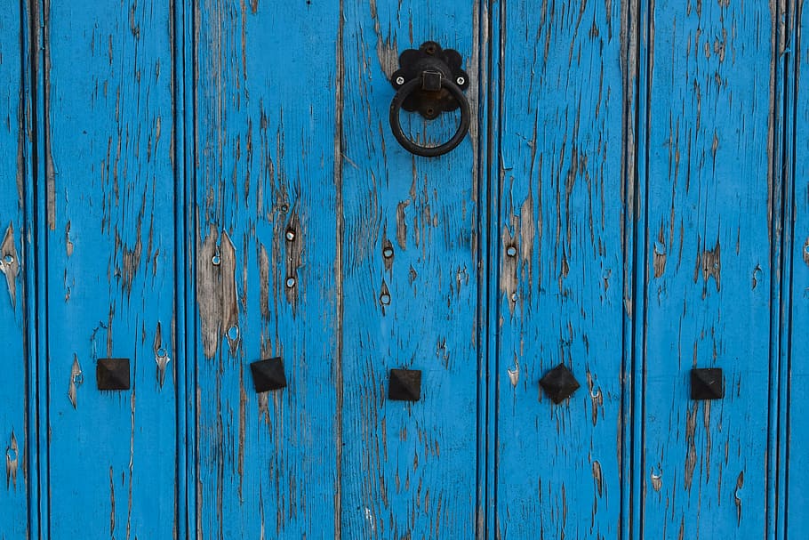 blue, wooden, door, black, steel knocker, aged, weathered, architecture, traditional, house