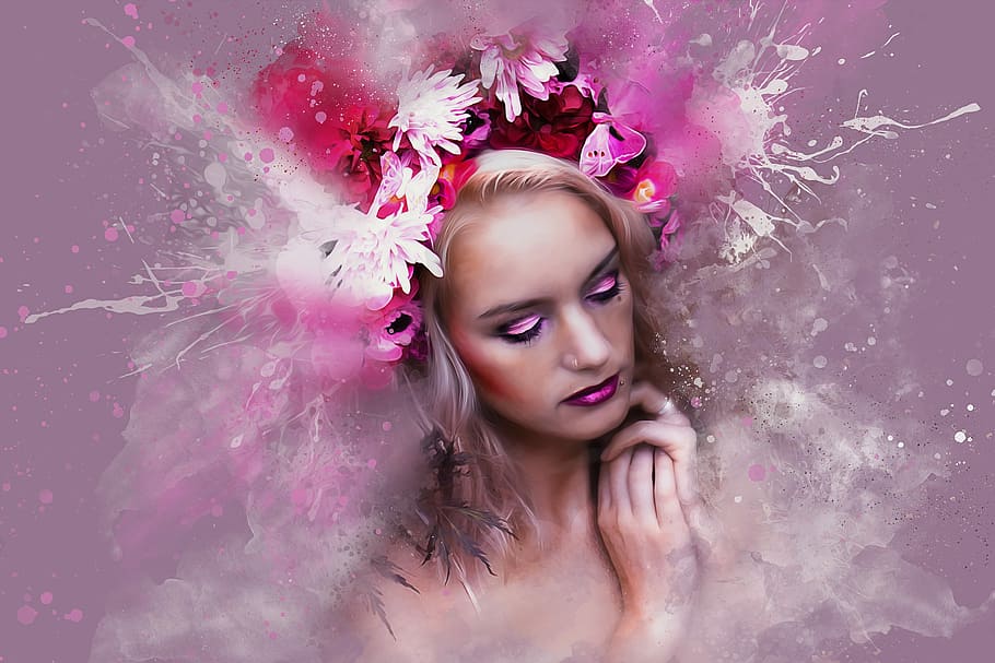 pink, flowers, woman, hair, gothic, fantasy, girl, beauty, young, female