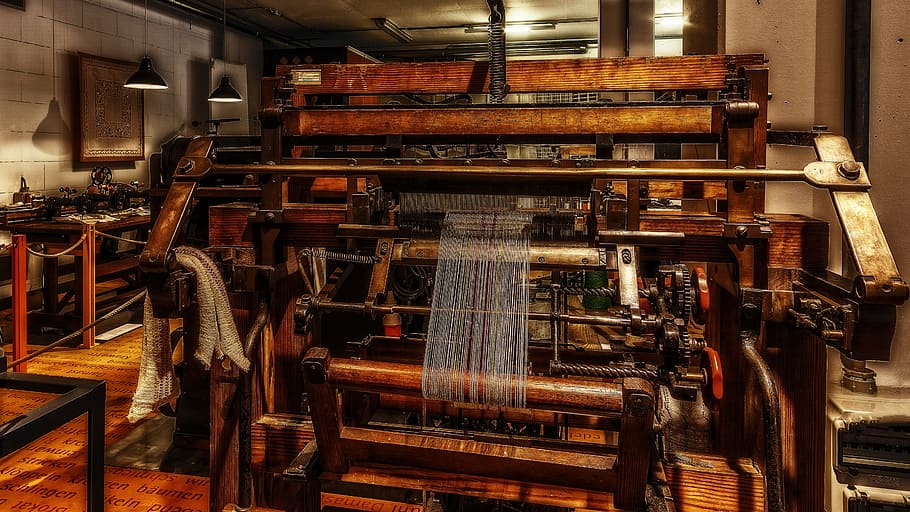 máquina de tricotar, historicamente, tecnologia, indústria, fábrica, dentro de casa, máquinas, ninguém, metal, equipamento